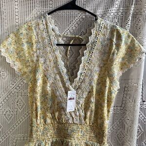 American Eagle Outfitters Yellow Floral Eyelet Trim Asymmetrical Dress